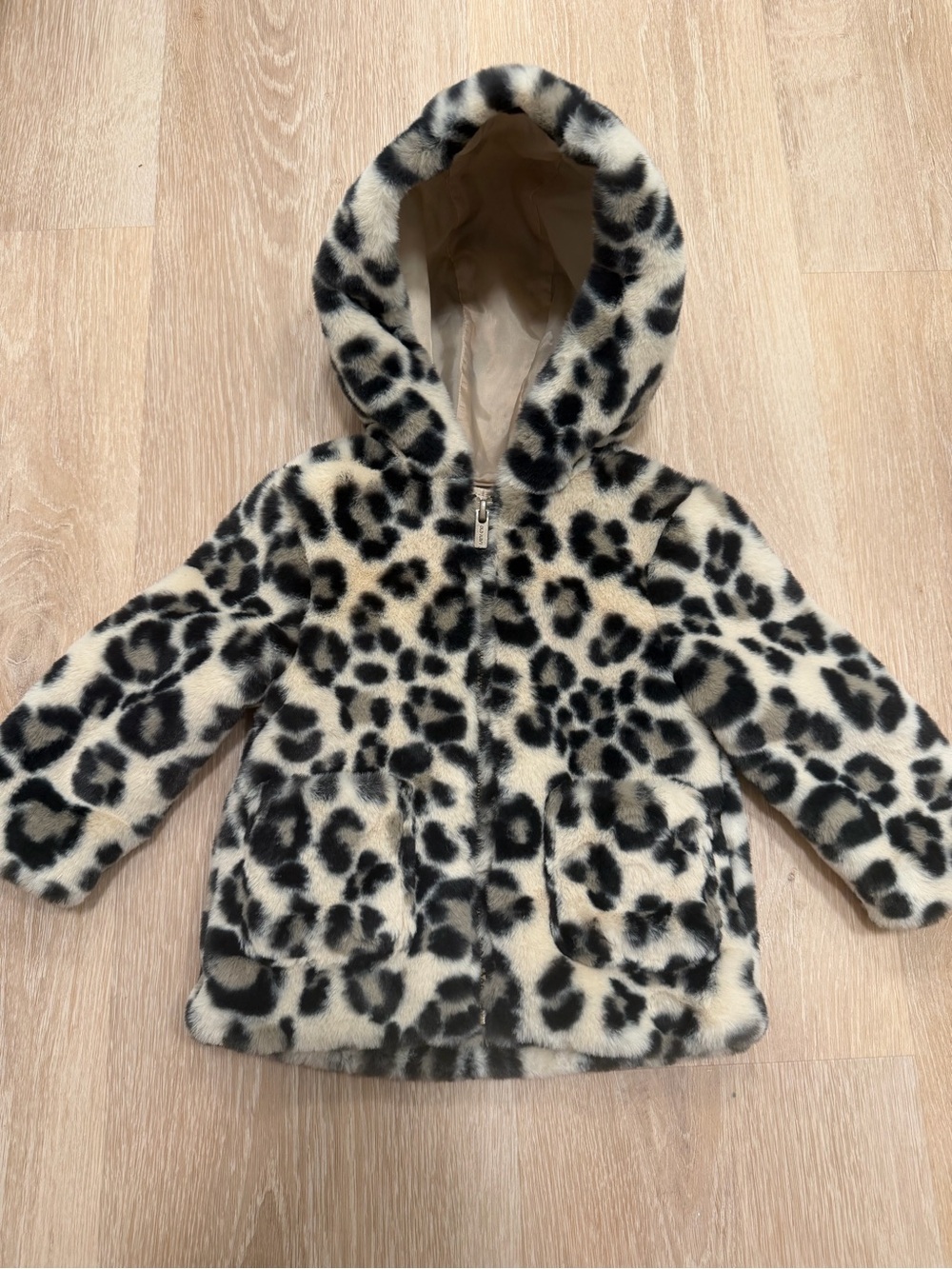 NWOT Old Navy Girls' Faux Fur Leopard Hooded Coat - Black & Cream